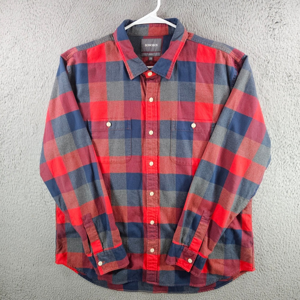 Bonobos Slim Fit Flannel Shirt Mens XXL Red Navy Blue Grey Buffalo‎ Plaid Cotton